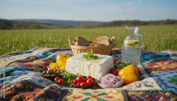 Fototapeta Healthy Picnic Spread Of Feta Cheese Cherry Tomatoes Olives And Yellow Bell Peppers On A Colorful Blanket In A Grassy Field During Daytime