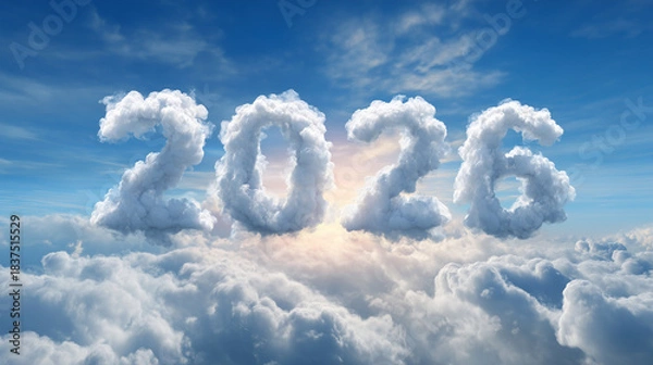 Obraz 青空に浮かぶ雲の数字2026　新年のメッセージと希望の空