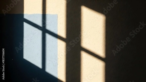 Fototapeta Geometric Shadow of a Window Frame Cast on a Textured Wall Painted with Contrasting Patches of Light Yellow and Blue