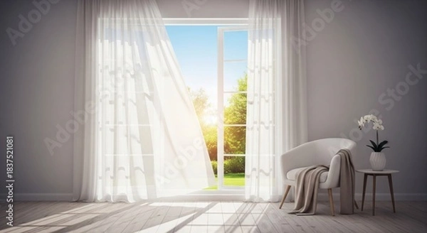 Obraz Trendy white color 2026 year. Empty room with white fabric curtain blowing in a wind, revealing a sunny green garden. Minimalist interior design concept for comfortable home.