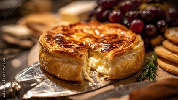 Obraz Brie en croute on silver cake server, elegant gourmet presentation for refined cheese lovers’ delight.