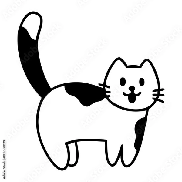 Fototapeta Cheerful standing cat with lifted tail in a playful outline style. Hand drawn vector isolated illustration.
