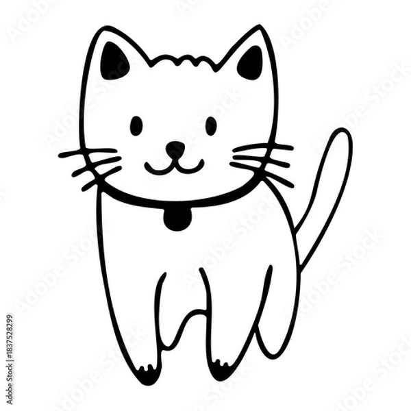 Fototapeta Cute doodle-style white cat standing with a small collar and friendly face. Hand drawn vector isolated illustration.