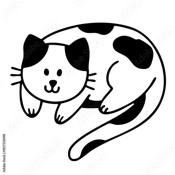 Fototapeta Adorable doodle calico cat lying curled up with a sweet expression. Hand drawn vector isolated illustration. 