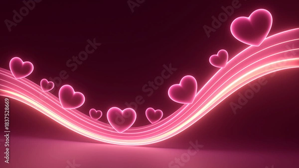 Obraz 光るピンクの波線の上を流れるハートのネオンアート