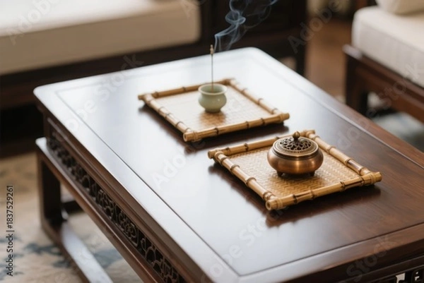 Fototapeta Wooden coffee table with incense burner and smoking stick on bamboo trays in a traditional living room setting