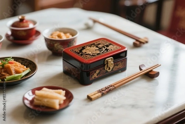 Fototapeta Traditional Asian meal setup with decorative lacquer box, chopsticks, and assorted dishes on a marble table