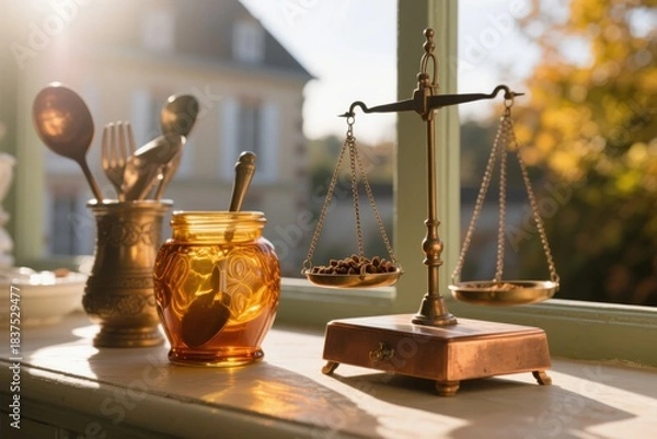 Fototapeta Antique brass scale and kitchen utensils on a windowsill with sunlight and autumn foliage in the background