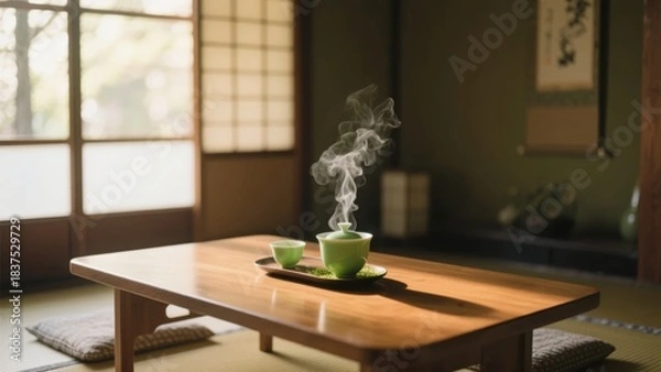 Fototapeta Steaming green tea cup on a wooden table in a traditional Japanese room with shoji screens and tatami flooring