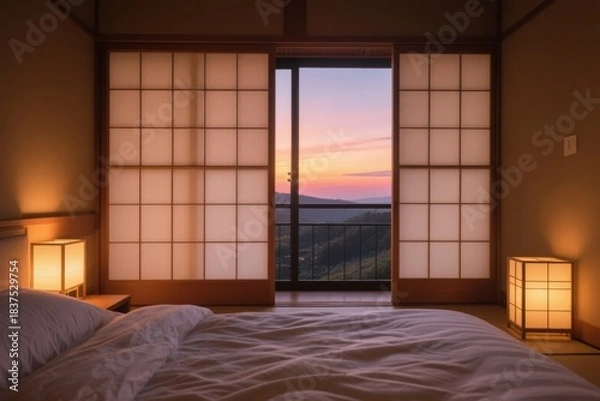 Fototapeta Traditional Japanese bedroom with sliding shoji screens and a view of a sunset over a coastal landscape