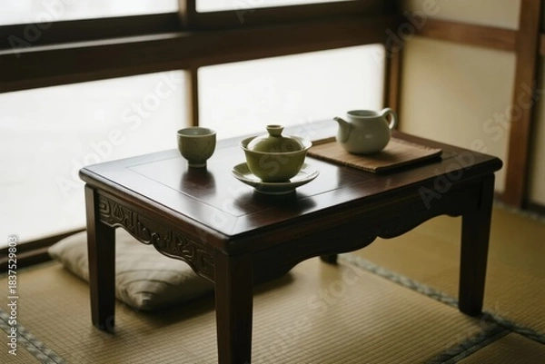 Fototapeta Traditional Japanese tea set arranged on a low wooden table in a tatami room with natural light.