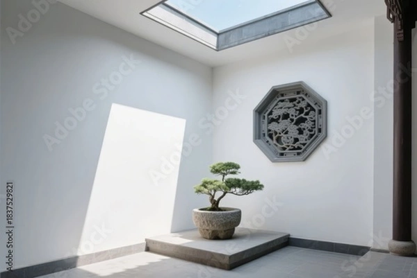 Fototapeta Minimalist indoor courtyard with bonsai tree, skylight, and decorative wall panel