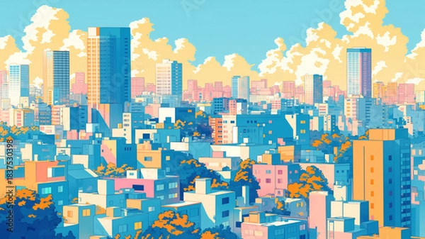 Obraz 都会の夕暮れ、ピンクとブルーで彩られた高層ビルと空が描く幻想的風景、レトロ感漂うおしゃれな都市風景イラスト、昭和レトロ、シティポップ、ノスタルジー、ビル群、クリアスカイ