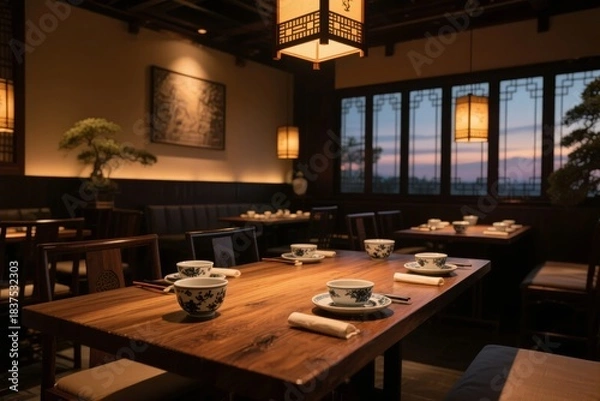 Fototapeta Cozy wooden dining table set with traditional teacups and lantern lighting in a serene restaurant at dusk