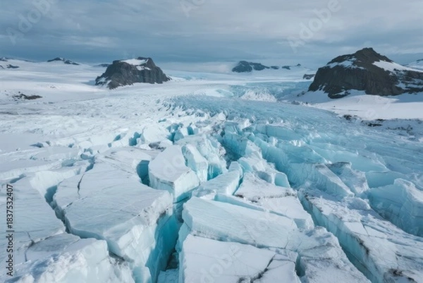 Fototapeta Glacial ice formations with deep crevasses and snow-covered mountains in a polar landscape
