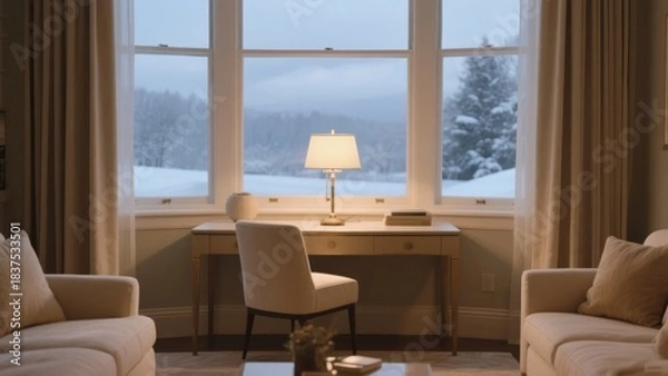 Fototapeta Cozy living room with desk by large window overlooking snowy landscape