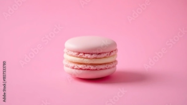 Obraz A single pink macaron centered on a soft pink background, highlighting its delicate texture.