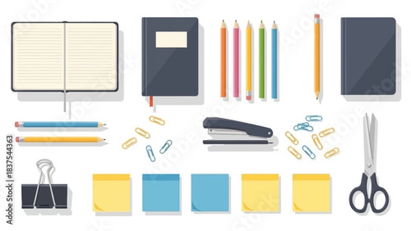 Fototapeta Office supplies scattered notebooks pencils stapler paper clips scissors binder clip and sticky notes