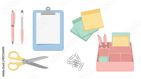 Fototapeta Stationary items on a white background featuring pens scissors a clipboard paperclips sticky notes and a desk organizer