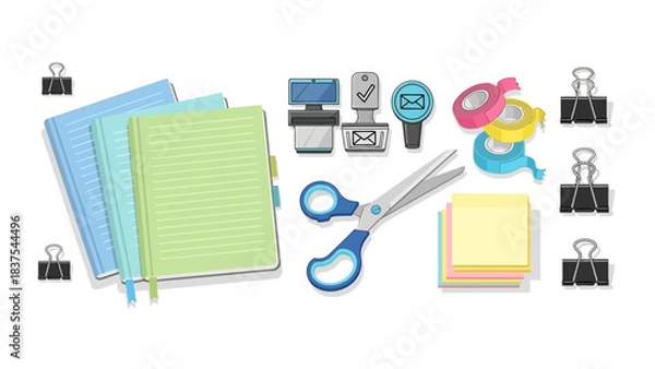 Fototapeta Stationery and office supplies arranged notebooks tape stamps sticky notes scissors and binder clips