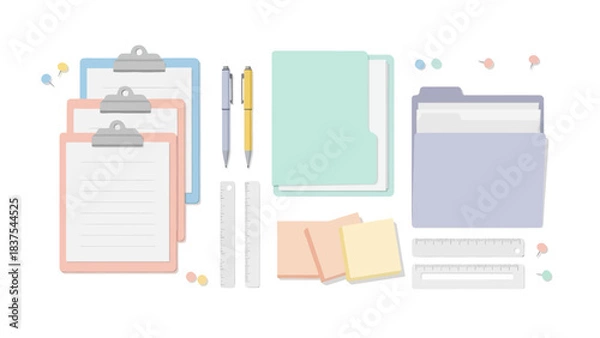 Fototapeta Stationery items clipboards folders pens rulers sticky notes and pushpins arranged on a white background