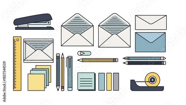 Fototapeta Stationery items include envelopes pens ruler stapler tape and sticky notes on a white background