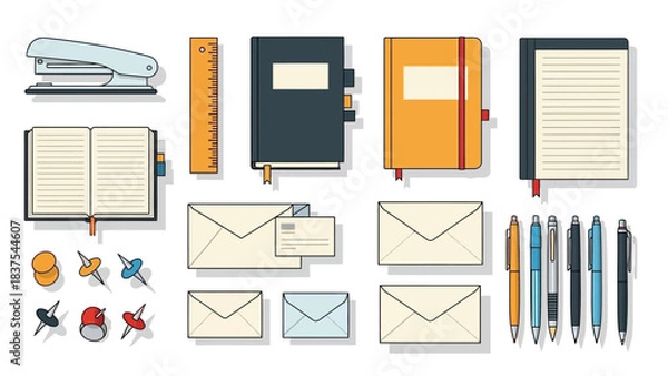 Fototapeta Stationery set with stapler notebooks pens ruler envelopes pushpins
