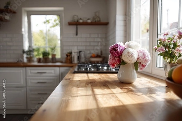 Obraz Modern kitchen interior with wooden countertop and flowers