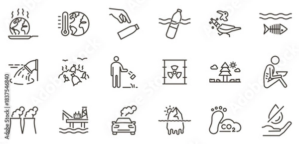 Fototapeta Environmental pollution, global warming and climate crisis line icons. Plastic waste, CO2 emissions and ocean contamination vector symbols. Ecology problems editable stroke outline icon set.