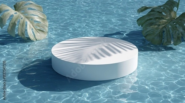 Obraz Empty white pool podium with tropical leaves in clear water