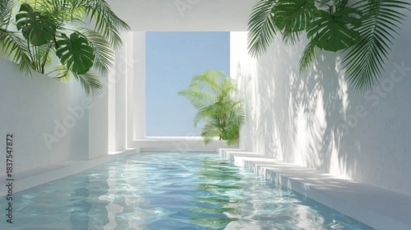 Obraz Empty white pool with water in modern tropical setting