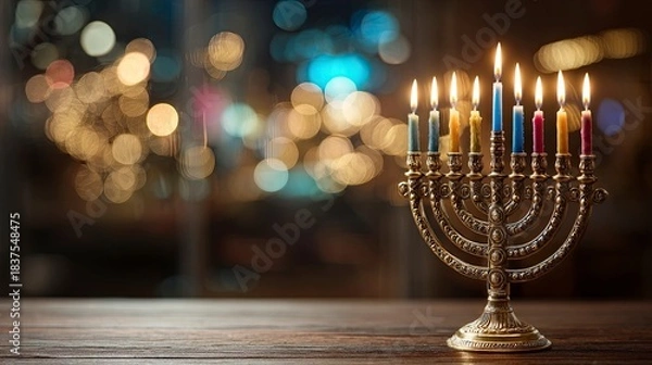 Obraz a beautiful hanukkah scene. the background is an abstract blur of lights and bokeh, creating a warm atmosphere that enhances the festive mood of muted colors.