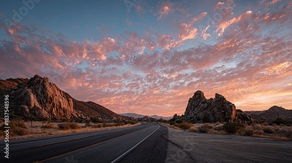 Obraz Stunning desert highway at sunset with vibrant pink clouds