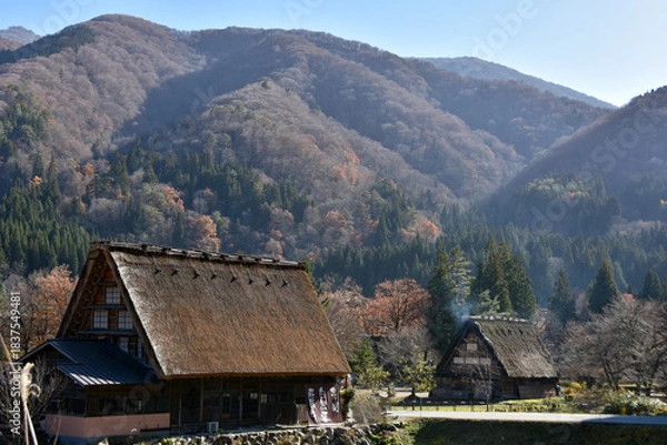 Obraz 紅葉に包まれる白川郷
