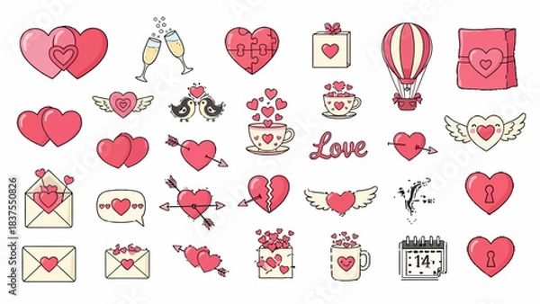 Obraz Assorted Pink and Red Valentine's Day Icons with Hearts and Romantic Symbols Keywords: pink hearts, champagne glasses, puzzle