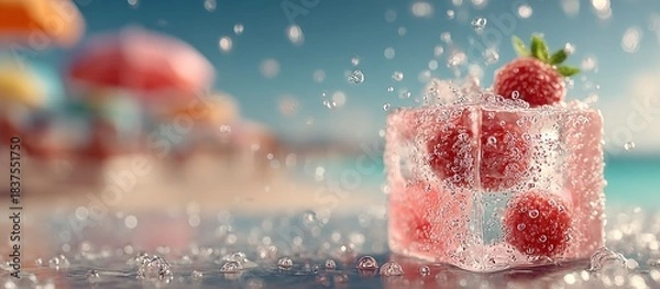 Fototapeta Raspberry embedded ice cube with water droplets against a blurred beach background
