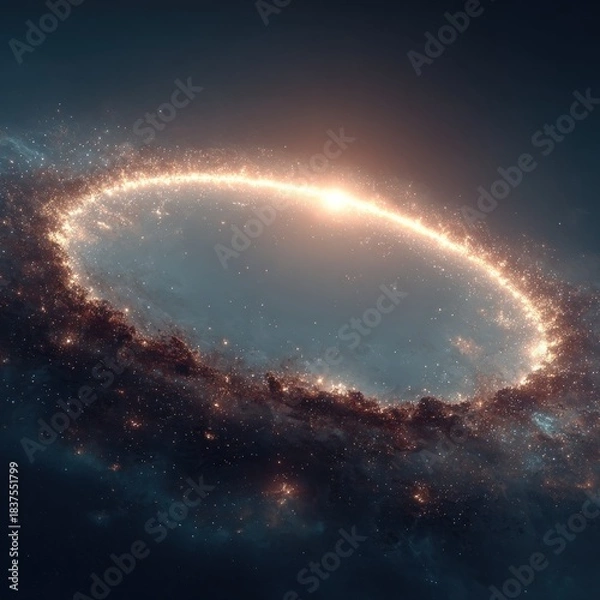 Fototapeta Circular cosmic structure with luminous outer rim, floating in the dark