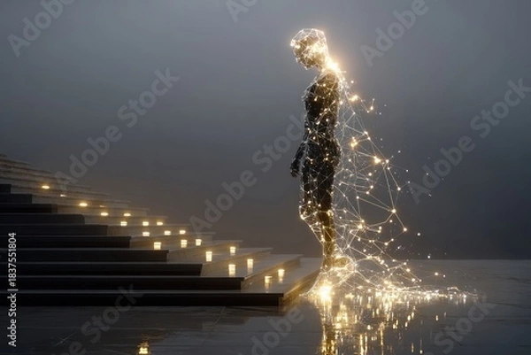 Fototapeta Digital Figure Ascending Steps, Lit by Golden Light