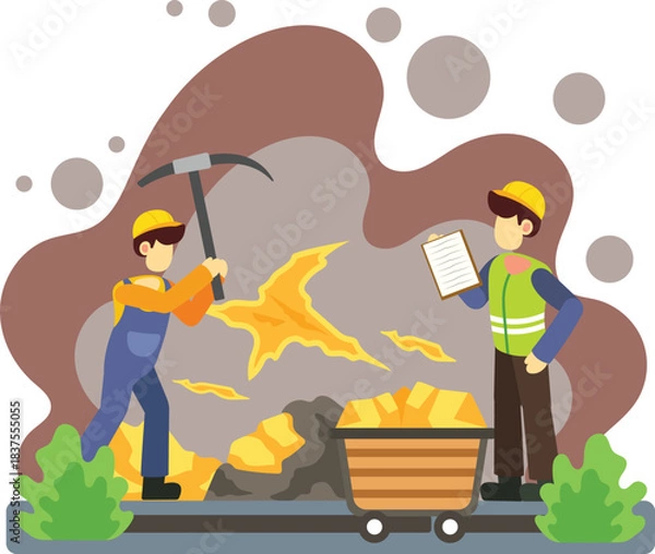 Obraz Miners extracting gold while supervisor inspects process illustration