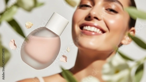 Obraz Radiant Glow A Woman's Face with a Floating Bottle of Skincare Product Amongst Delicate Flowers