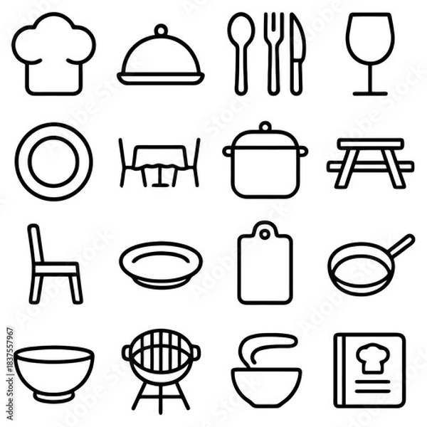 Fototapeta Culinary Icon Array: An array of minimalist culinary icons presents the essentials of food preparation and dining, suggesting a realm of gastronomy and the art of the culinary world.