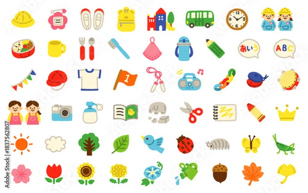 Obraz 幼稚園・保育園 アイコンセット 手書き パステル 子供向け かわいい イラスト