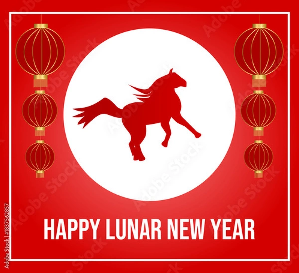 Fototapeta Greeting card with a silhouette of a running red horse and the inscription "Happy Lunar New Year"