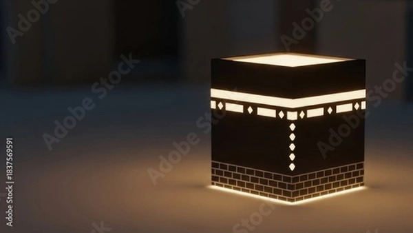 Fototapeta Illuminated kaaba model with intricate geometric patterns for islamic religious themes.