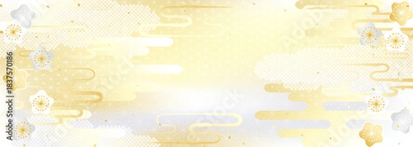 Obraz 金銀の梅の花と日本のいろいろな伝統模様を組み合わせた華やかな背景イラスト