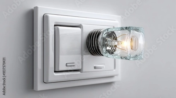Obraz Close-up of a white electrical outlet with a glowing light bulb plugged in, illustrating energy and power.