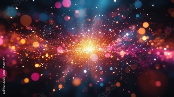 Fototapeta Abstract explosion of colorful light particles on a dark cosmic background