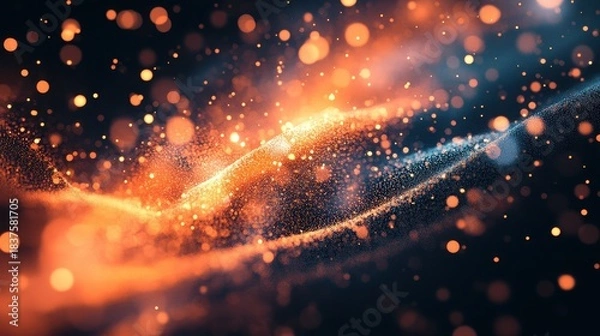 Fototapeta Abstract glowing particles creating a dynamic wave in a dark background