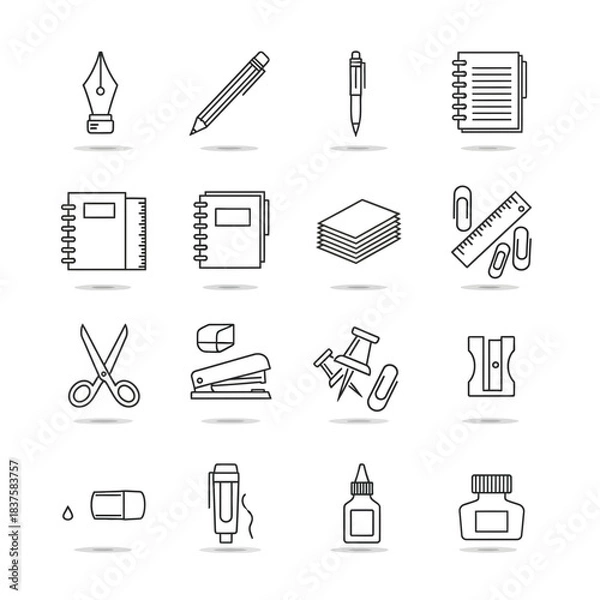 Obraz Essential professional stationery and office supplies icons perfect for modern administrative and educational design projects