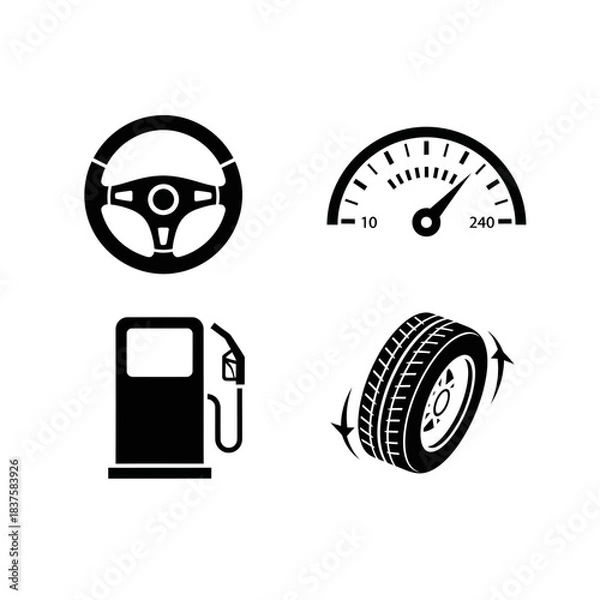 Obraz Essential black and white icons set for automotive maintenance speed fuel steering and tire rotation service guides